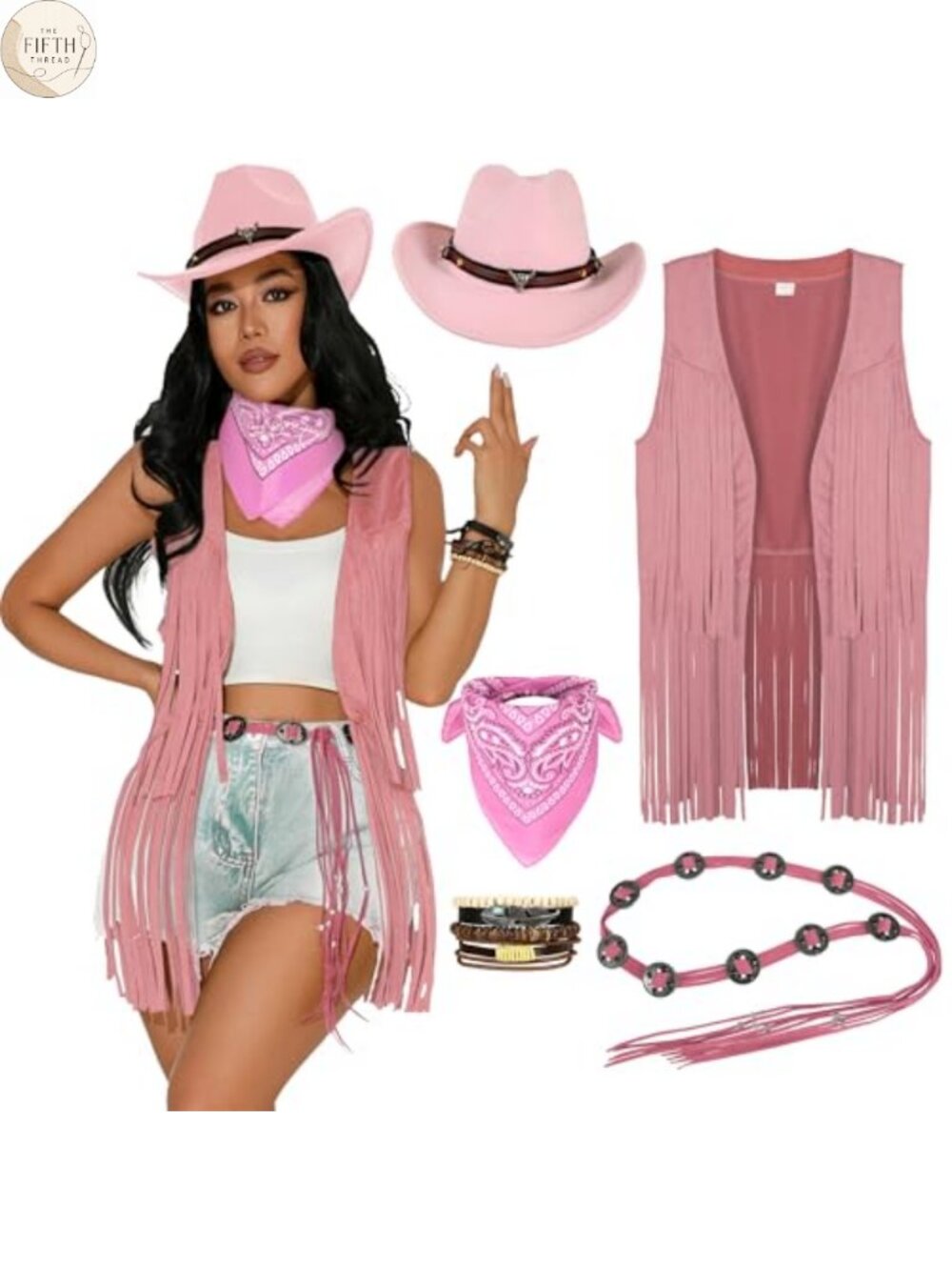 Faux Suede Fringe Vest Hat Scarf Belt 5pc Western Cowgirl Costume 70s Hippie